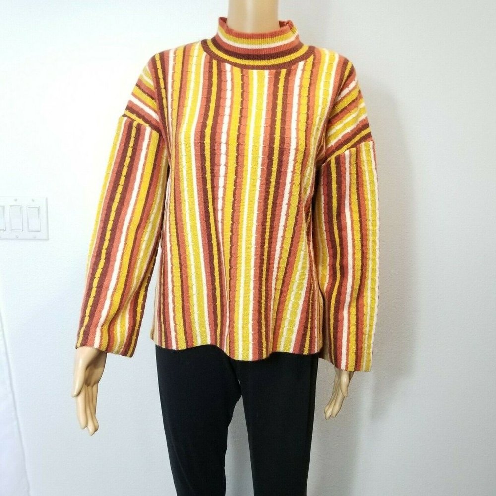 Nine West women's knit top Large mock neck stripe yellow brown long sleeve nwt